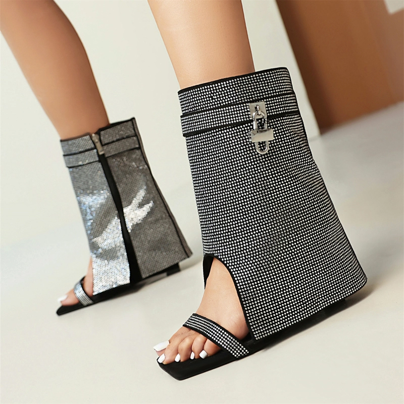 Bottes à bout ouvert ornées, sandales d'été à fermeture éclair