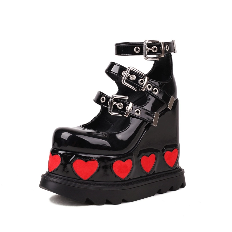 Chaussures Gothique Heart Platform Chunky Heel Triple Strap Buckle