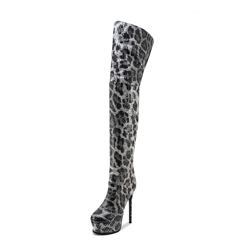 Bottes cuissardes à plateforme à sequins noirs et gris imprimé léopard, talon de 16 cm