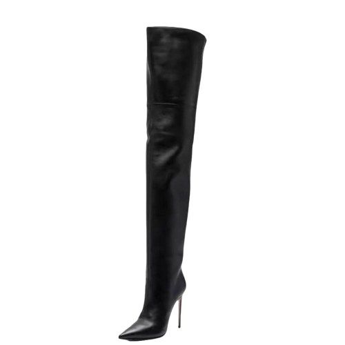 Bottes cuissardes noires à talons aiguilles et bout pointu