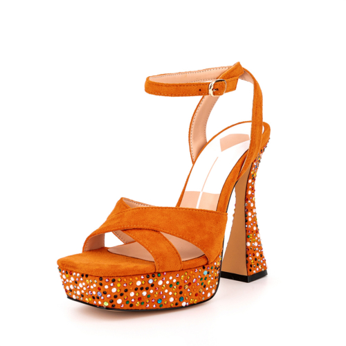 Sandales de soirée en daim orange à plateforme avec strass et bride à la cheville