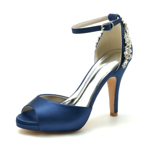 Chaussures de mariage peep toe en satin bleu marine avec bride à la cheville, sandales à plateforme et talon aiguille