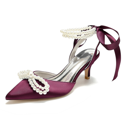 Burgundy Pearl Bow Satin Pointed Toe Kitten Heel Strappy Slingback Sandals