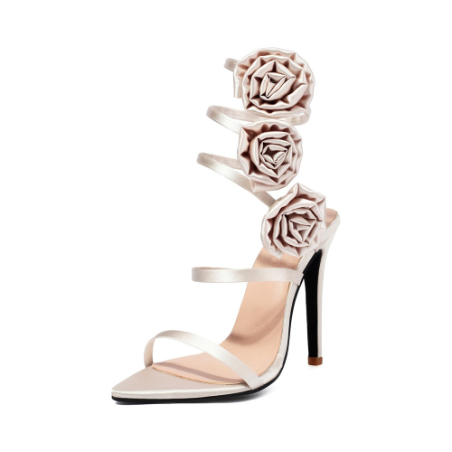 Champagne Satin Flower Embellished Wrap Around High Heels Sandals For Party