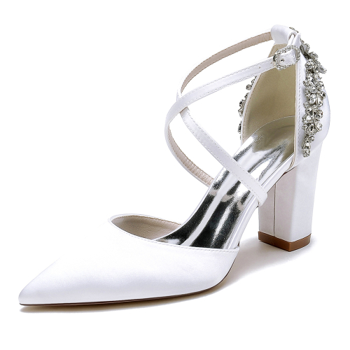 White Satin Pointed Toe Cross Strap Wedding Pumps Chunky Heel Shoes