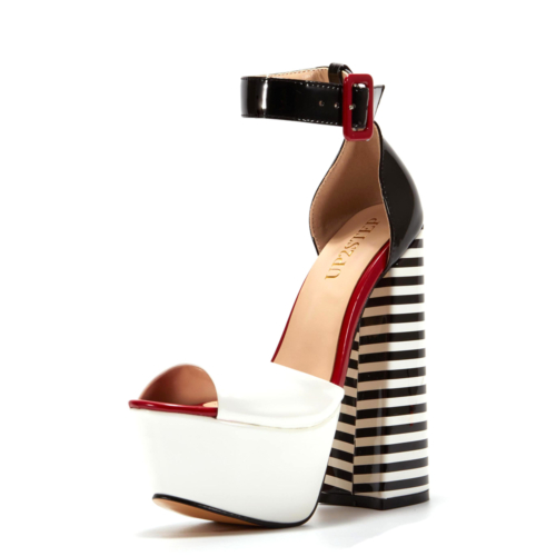 White&Black Striped Chunky Heel Platform Sandals Chaussures à boucle avec bride à la cheville