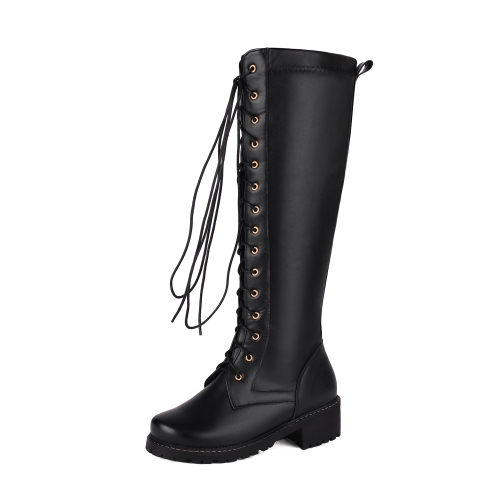 Bottes hautes noires à lacets et bout rond pour femmes, bottines à talons compensés