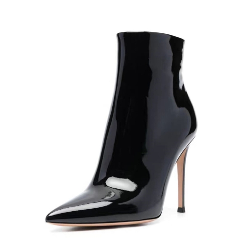 Bottines à bout pointu en cuir verni noir pour femme