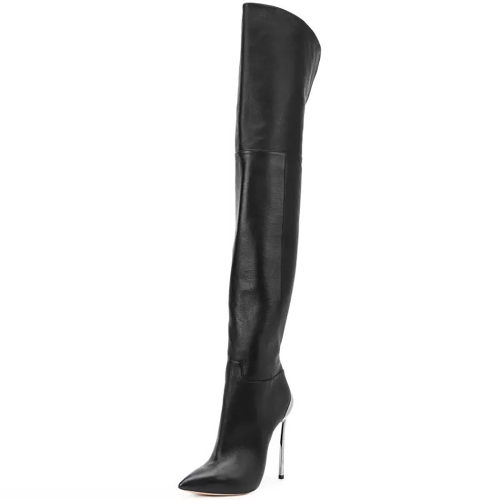 Bottes cuissardes noires à bout pointu pour femmes, bottes à talons aiguilles en métal