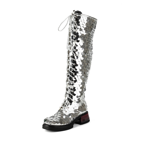 Bottes hautes à lacets et paillettes argentées pour femmes, bottes hautes à talon carré et bout rond