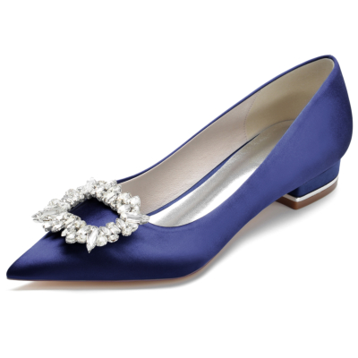 Chaussures plates en satin bleu marine à boucle ornée de bijoux