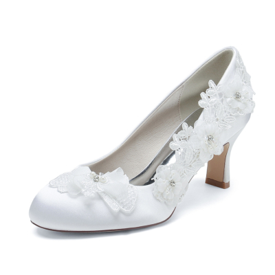 Escarpins à talons bas en satin blanc à fleurs en amande Chaussures de mariage