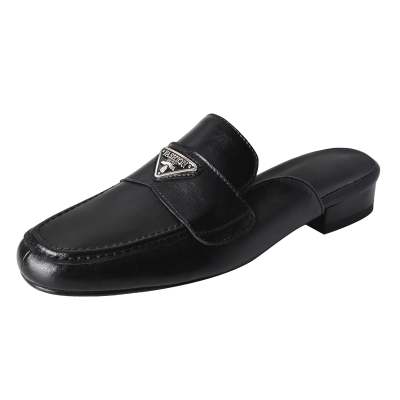  Mules noires à talons blocs bas, sandales à talons bride arrière et bout rond