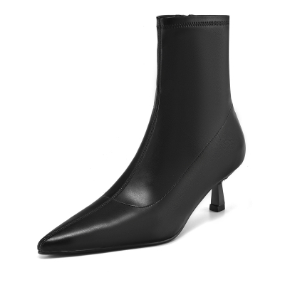 Bottes chaussettes à bout pointu en cuir minimaliste noir, bottes chaton à talons bas
