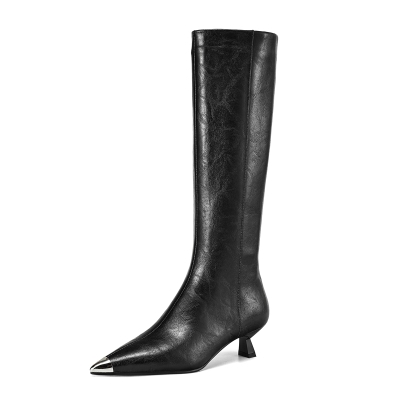 Bottes hautes Keen noires à bout pointu, bottes à talon chaton avec fermeture éclair latérale