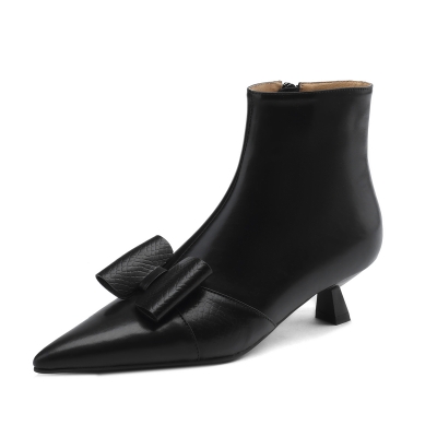  Bottines noires à talons chaton et nœud papillon, bottines à bout pointu-style2