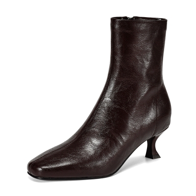 Bottines marron à bout carré fermé et fermeture éclair latérale, bottes à talons chaton