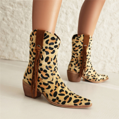 Bottines de Cowboy à talons épais imprimés animaux imprimés léopard, bottines à pampilles pour femmes