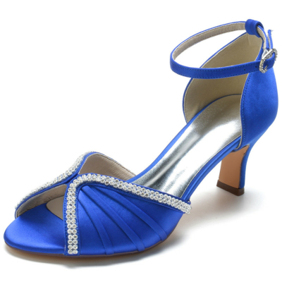 Bleu royal bride à la cheville Peep Toe embellissements strass talons moyens sandales en satin