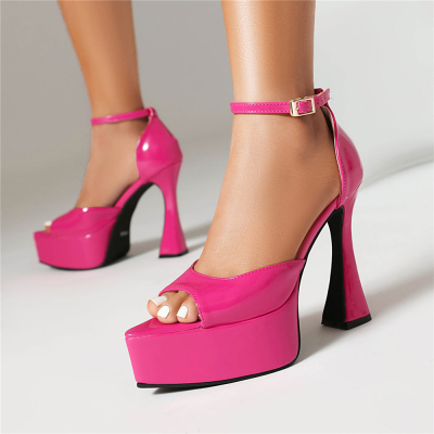 Magenta Ankle Strap Platform Sandals Spool Heels Pointed Toe Party Sandals