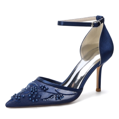 Navy Beaded Mesh D'Orsay Heels Ankle Strap Stiletto Heels Bridal Shoes