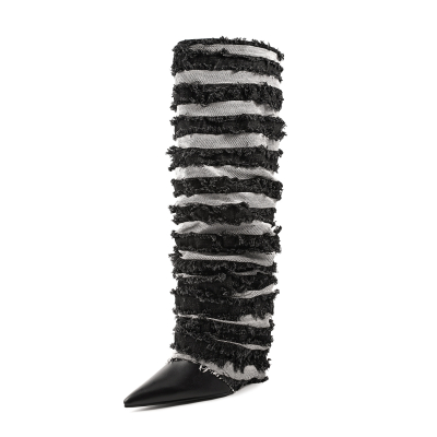 Bottes plissées en denim noir à talons compensés, bottes hautes à bout pointu
