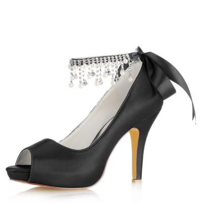 Chaussures de mariage peep toe en satin noir avec bride à la cheville, escarpins à plateforme et talon aiguille