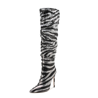 Bottes hautes à talons aiguilles souples, bout pointu, imprimé zèbre et sequins noirs