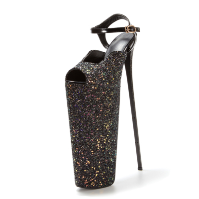 Plate-forme noire à talons super hauts Dancing Stripper Heels 30cm Stilettos Glitter Ankle Strap Sandals