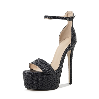 Black Woven Pattern Stiletto Heel Sandals Platform Sandals