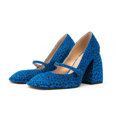 Escarpins Mary Jane à talons épais imprimés léopard bleus, chaussures habillées en fausse fourrure à bout carré