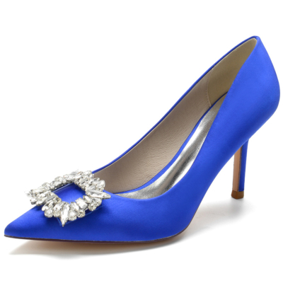 Chaussures de mariage en satin bleu Escarpins à talons aiguilles et bouts pointus