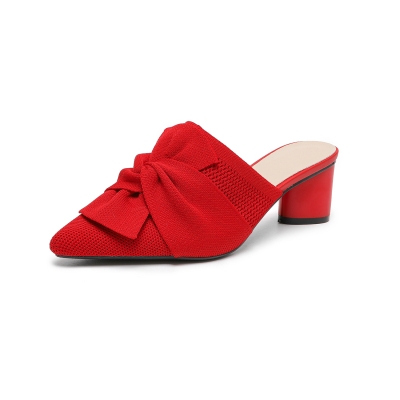 Sandales mules à talons épais et bout pointu en tricot avec nœud rouge