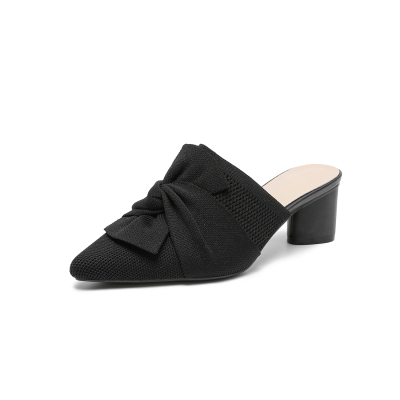 Sandales mules à talons épais et bout pointu en tricot noir avec nœud