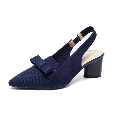 Chaussures à talons épais et bout pointu en tricot bleu foncé avec nœud et bride arrière