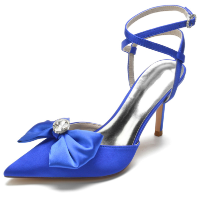 Chaussures à bout fermé à talons hauts en satin avec nœud bleu royal