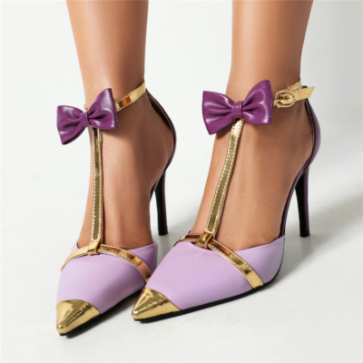Chaussures de danse à talons aiguilles avec nœud violet et bride en T D'orsay