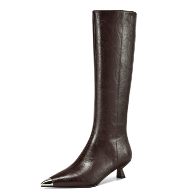 Bottes hautes Keen à bout pointu marron, bottes à talon chaton avec fermeture éclair latérale