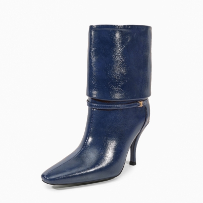 Bottines à boucle bleu marine à bout carré et à talons aiguilles