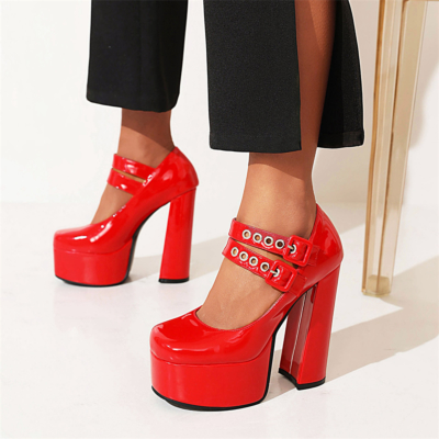 Escarpins à plateforme à talons épais rouges Double Strap Y2K Mary Jane Shoes