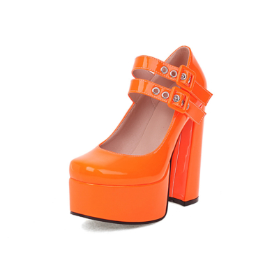 Escarpins à plateforme à talons épais orange fluo Double sangle Y2K Mary Jane Shoes
