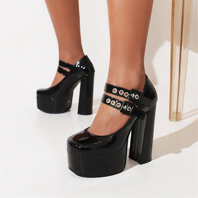 Escarpins à plateforme noirs à talons épais Double Strap Y2K Mary Jane Shoes