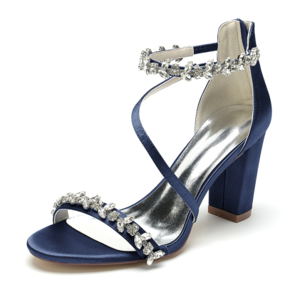 Sandales en satin à bretelles croisées avec strass bleu marine à talons épais Robes de soirée Sandales Chaussures