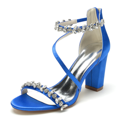 Bleu Royal Talon Chunky Strass Croix Sangle Satin Sandales Robes Parti Sandales Chaussures