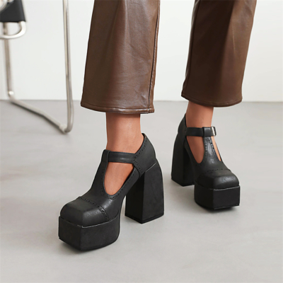 Mary Janes Noirs En T Plate-Forme Chaussures à Bouts Carrés Boucle