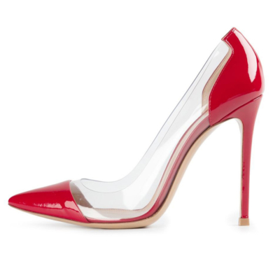 Escarpin En Cuir Verni Rouge PVC Transparent Chaussure Pointue Stiletto Pour Femmes