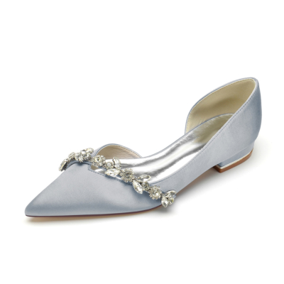 Chaussures plates confortables en satin gris découpées D'orsay avec strass