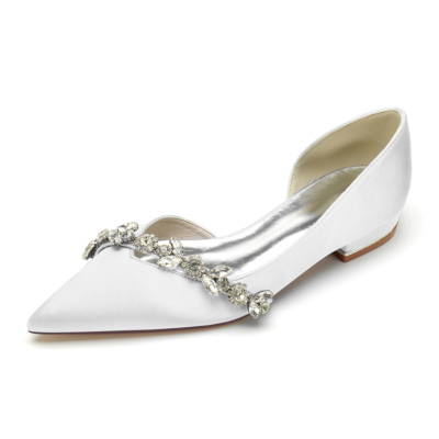 Chaussures plates confortables en satin blanc découpées D'orsay avec strass