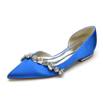 Chaussures plates confortables en satin bleu royal découpées D'orsay avec strass