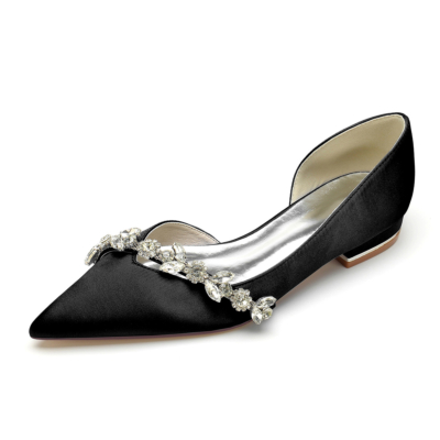 Chaussures plates en satin confortables noires découpées D'orsay avec strass